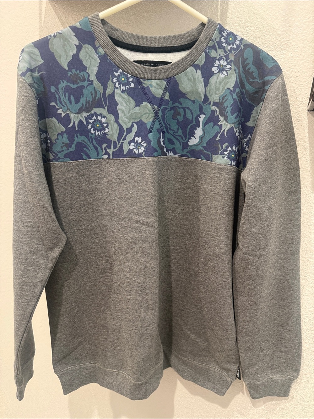 Men's Grey Crewneck Sweatshirt with Blue Floral Yoke - Casual Everyday